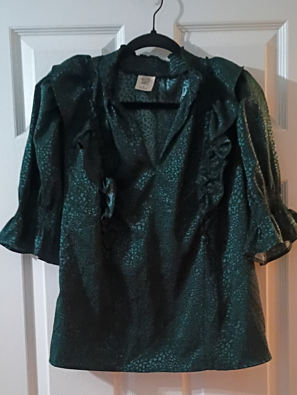 Worth New York Shimmer Teal Ruffle Blouse